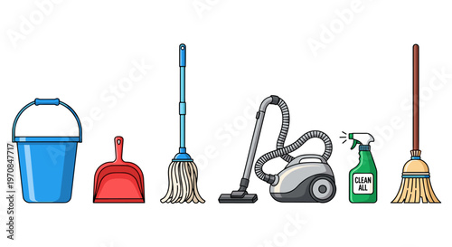 Collection of cartoon cleaning supplies including a bucket, dustpan, mop, vacuum, and spray bottle
