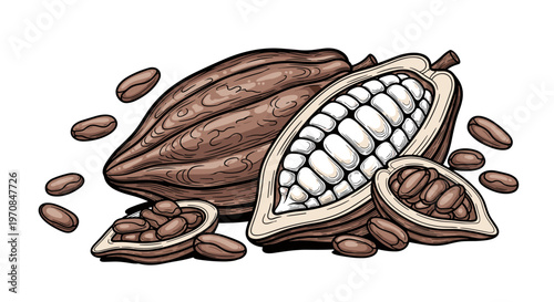 Whole and halved cocoa pods with beans, illustration of chocolate ingredient