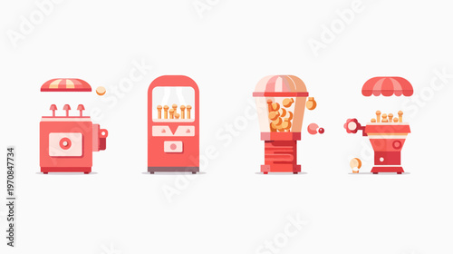 Four simplified, pink vending machines with dome and retro-futuristic style