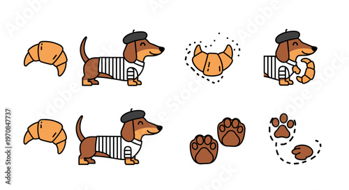 Cute cartoon dachshund wearing a beret and striped shirt with croissants and paw prints
