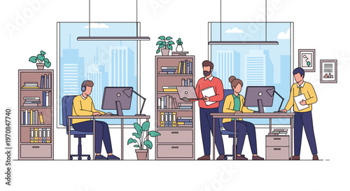 Diverse group of professional employees working together in a bright and modern office space with large windows.