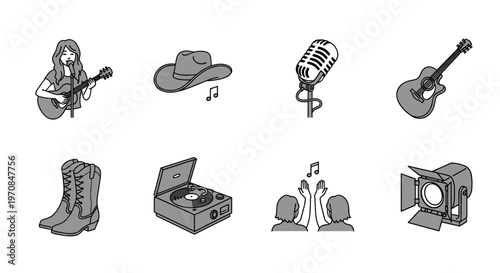 Country music icons: singer, guitar, cowboy hat, boots, and stage equipment