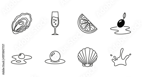 Collection of simple line art icons representing seafood and celebratory elements