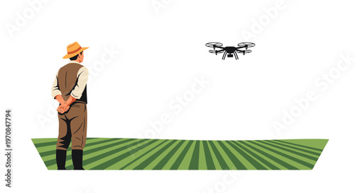 A farmer in a straw hat stands with his back to the viewer, looking at a black drone flying over a striped green field.