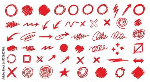 Hand Drawn Red Marker Scribbles, Circles, Arrows and Abstract Sketch Elements Set
