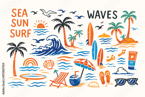 Hand Drawn Beach and Surf Icon Vector Set in Retro Colors with Tropical Elements, Palm Trees, Ocean Waves, Surfboards and Sun for Summer T Shirt, Poster and Coastal Design