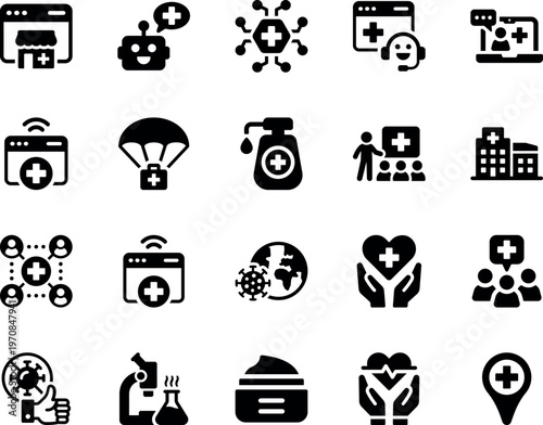 Online medical and healthcare vector icon set, telemedicine, hospital, virus, delivery, microscope, sanitizer, pharmacy, care
