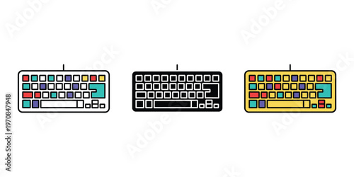 Three colorful computer keyboards isolated on transparent background