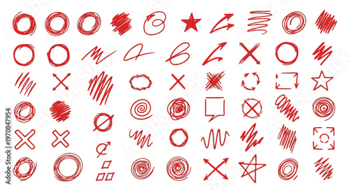 Red Hand Drawn Marker Scribbles, Sketchy Circles, Arrows and Doodle Symbols Set