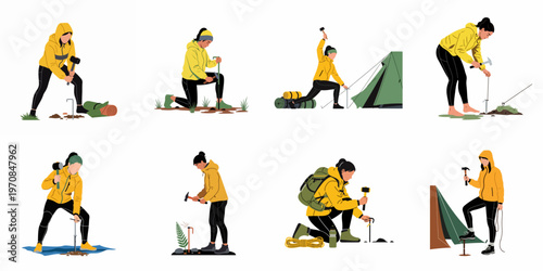 Vector illustration set featuring a woman in yellow jacket setting up a campsite, hammering tent stakes, and preparing for outdoor adventure.