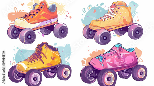 Four cartoon roller skates in orange, yellow, and pink, with colorful splashes behind