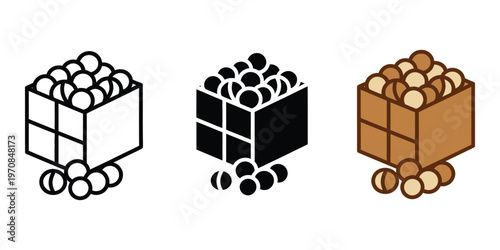 Three wooden crates filled with spheres in black, white, and brown isolated on transparent background