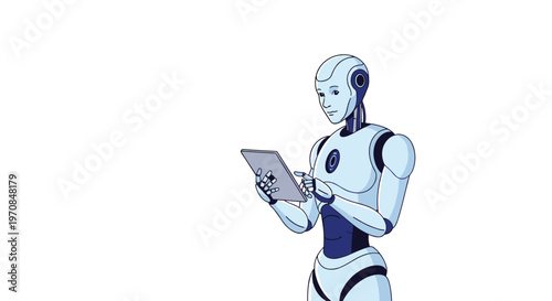 Sleek white humanoid robot interacting with a slim digital tablet for data processing or communication tasks.