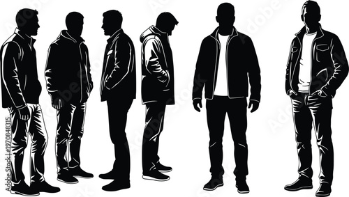 High Quality Silhouette Vector Illustration of a Young Man in Casual Streetwear Outerwear Standing in Different Poses and Angles for Fashion Design Graphic