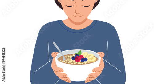 A person with closed eyes is holding a white bowl of oatmeal topped with various fruits in both hands.