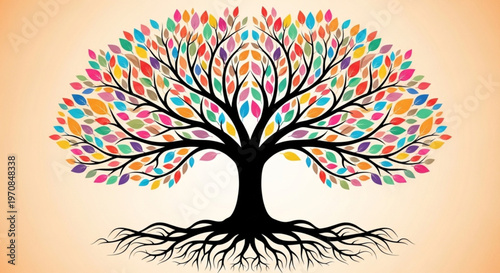Symmetrical Tree of Life Illustration with Black Silhouette Trunk and Multicolored Pastel Leaves on Beige Background