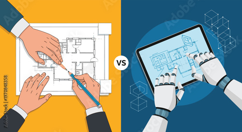 Comparison between traditional human architectural drawing on paper and advanced robotic design on a tablet.