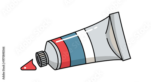 Squeezed tube of red artist paint with a small sample on a white background for creative projects and hobbies.