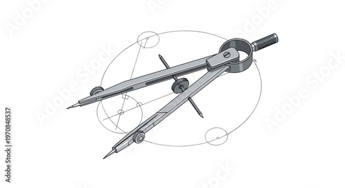 Drawing compass tool creating geometric circles on paper with dashed construction lines on a white background.
