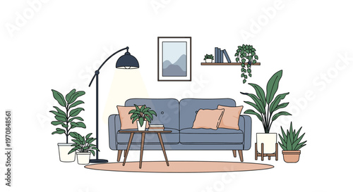 Modern living room interior with a blue sofa, several potted indoor plants, a floor lamp, and a minimalist wall painting.