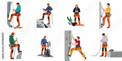 Collection of flat vector illustrations depicting male rock climbers in various stages of ascent and preparation with professional climbing gear on white background.