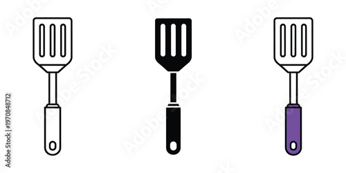 Three kitchen spatulas with different colored handles isolated on transparent background