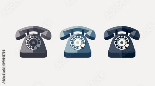 Three retro rotary phones in varying shades of blues and grays against a white background