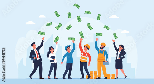 Group of happy workers from various professions catching falling green banknotes in a city landscape background.