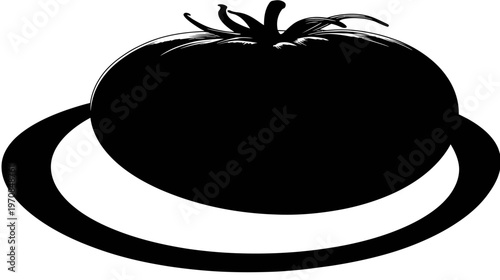 A monochrome illustration of a tomato with a curved outline beneath it, depicting freshness