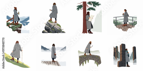Set of illustrations depicting a solo female traveler in a grey coat exploring diverse natural landscapes including mountains, cliffs, forests, and lakes.
