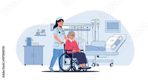 Compassionate nurse pushing an elderly woman in a wheelchair through a modern hospital room for medical care.