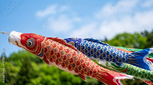 Colorful Japanese Koinobori flying in a refreshing May blue sky with fresh green background, large copy space for Golden Week banners