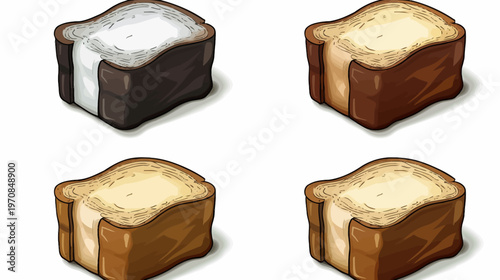 Isometric cartoon illustration of four differently colored slices of bread on white