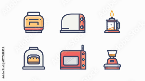 Icons depicting kitchen appliances with simplistic shapes and limited color palette