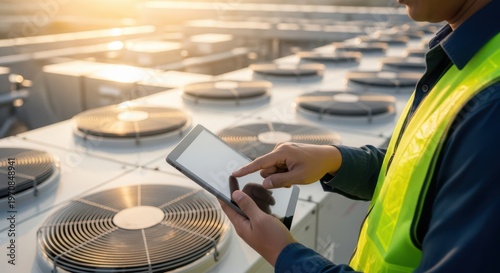 A man in a yellow safety vest using a tablet to inspect air conditioning units on a rooftop