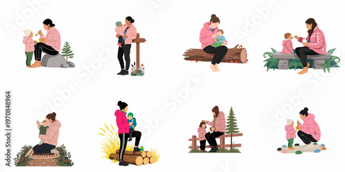 Collection of flat illustrations depicting a mother feeding and caring for her toddler in various outdoor and natural settings.