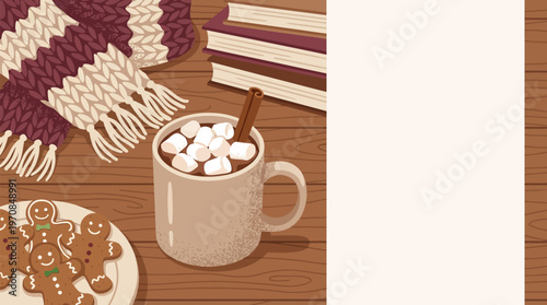 Gingerbread cookies, hot cocoa with marshmallows, scarf, and books on a rustic wooden table. Cozy winter comfort, festive holiday celebration. Flat vector illustration, warm earth tones, top view.