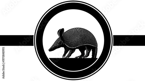 A black and white illustration of an armadillo within a circle, with a horizontal black bar