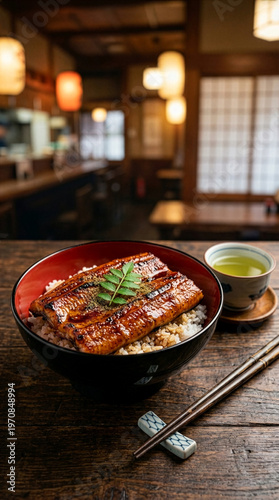 Luxury Japanese grilled eel bowl (Unagi Kabayaki) for Doyo-no-Ushi, professional food photography, copy space