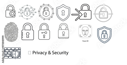 Privacy and security icons, lock and shield symbols, cybersecurity graphics, data protection signs