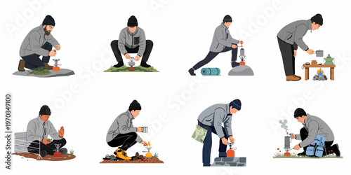 Set of Male Hikers and Travelers Cooking Food and Boiling Water on Portable Gas Stoves During Outdoor Camping Adventures