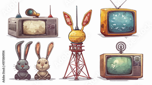 Pixelated illustration of televisions, antenna tower, and two rabbits on a white background