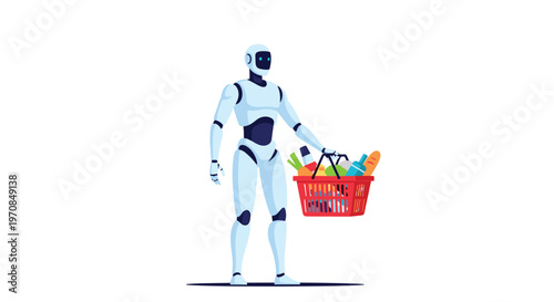 Modern humanoid robot carrying a red shopping basket filled with fresh groceries and various healthy food products.