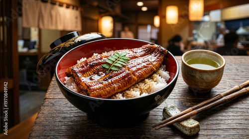 Luxury Japanese grilled eel bowl (Unagi Kabayaki) for Doyo-no-Ushi, professional food photography, copy space