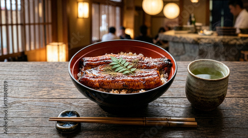 Luxury Japanese grilled eel bowl (Unagi Kabayaki) for Doyo-no-Ushi, professional food photography, copy space