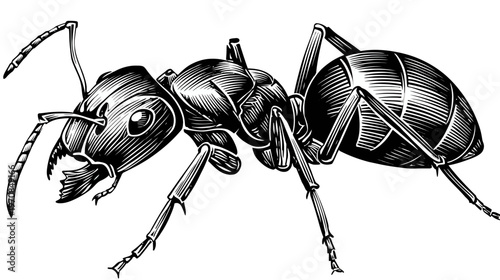 Detailed black and white engraving of a worker ant in a striking side view