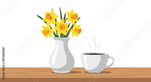 A white vase with yellow daffodils and a steaming white coffee cup sit on a wooden surface against a white background.