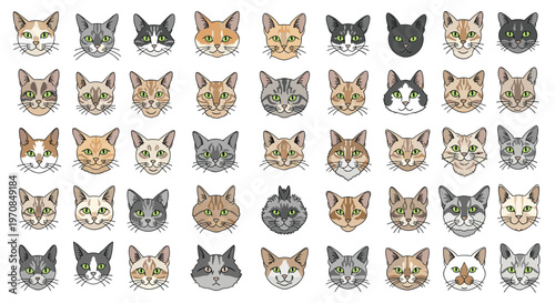 Large collection of different cat faces in various breeds and colors arranged in a neat grid pattern on a white background.