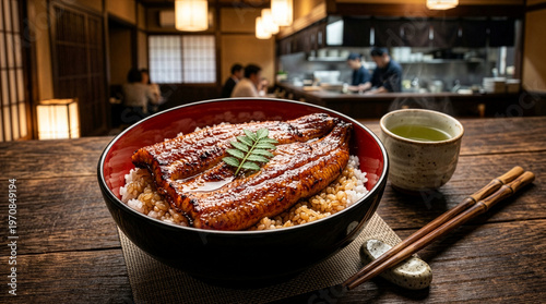 Luxury Japanese grilled eel bowl (Unagi Kabayaki) for Doyo-no-Ushi, professional food photography, copy space