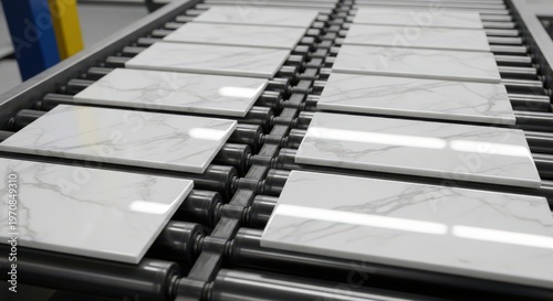 A large number of white marble tiles are being transported on a conveyor belt in a factory setting.